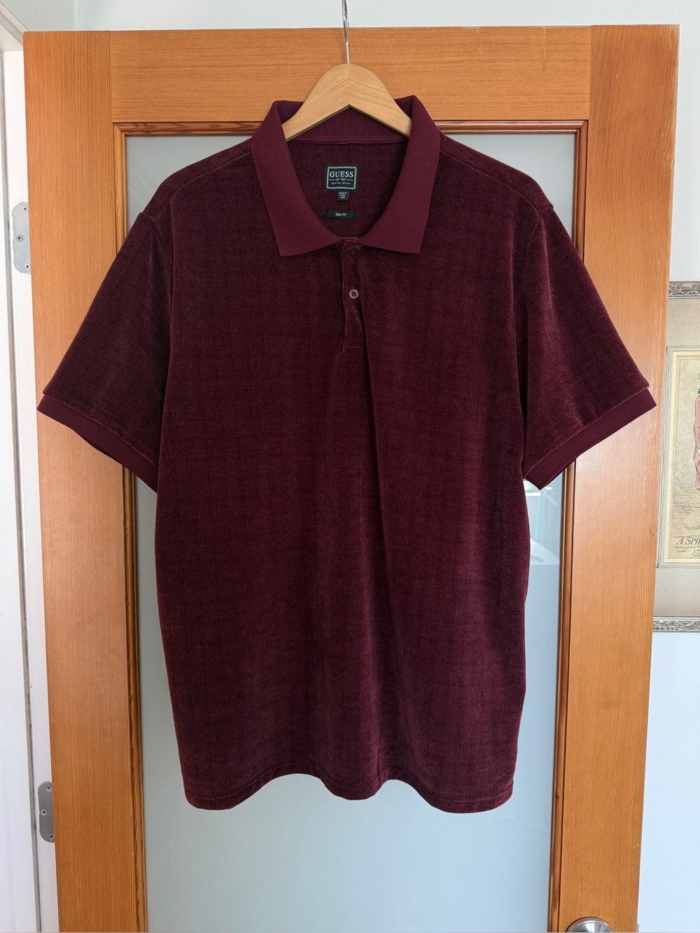 Guess Men's Slim Fit Textured Polo Shirt Burgundy Velvet Velour Feel